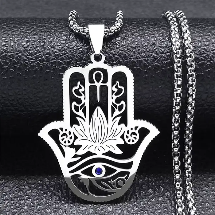 Collier Hamsa Main Ankh Lotus en acier inoxydable avec symboles égyptiens pour femmes et hommes pour occasions spéciales
