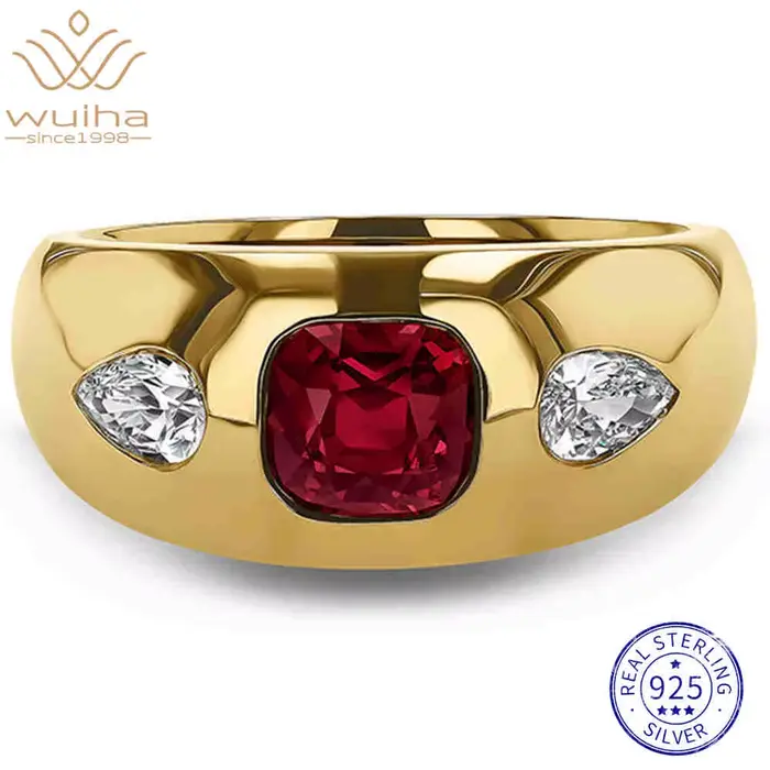 WUIHA Bague de fiançailles et de mariage en argent sterling 925 avec rubis de laboratoire taille coussin couleur