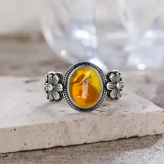 Bagues en argent Sterling 925 en pierre d'ambre naturelle