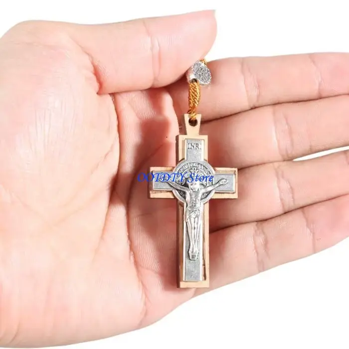 Collier chapelet en bois fait à main, pendentif croix, chaîne, bijoux religieux, 367A