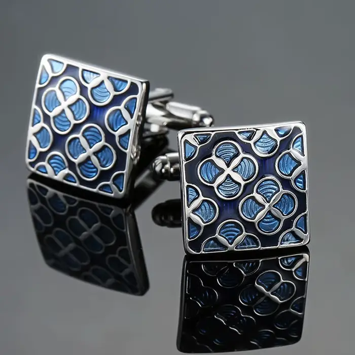 Boutons de manchette de luxe bleus rétro en métal pour hommes, boutons de manchette carrés français 