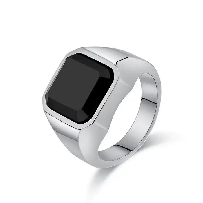 Bague chevalière carrée géométrique noire en acier inoxydable, avec Zircon, pierre d'agate noire, pour hommes et femmes, bijoux cadeaux de haute qualité