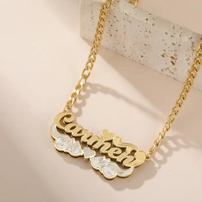 Collier avec nom personnalisé Double plaqué or 18 carats, deux tons, pour femmes et hommes, plaque s