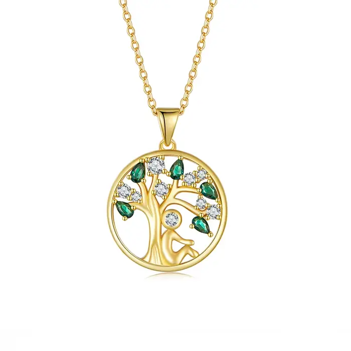 WOSTU Collier Arbre de Vie en argent sterling 925 véritable, pendentif rond en zircone cubique verte, bijoux Arbre de Famille, cadeau pour elle
