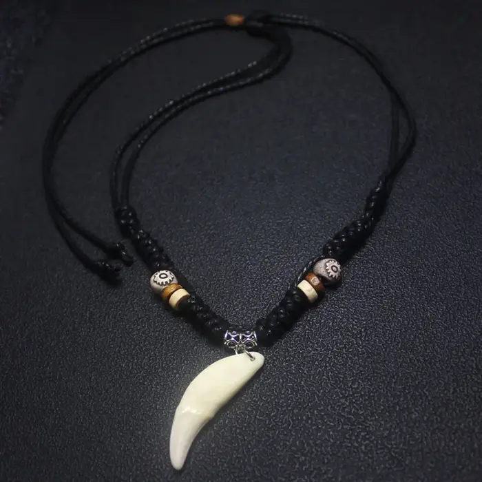 Collier à dents de loup pour homme, bijoux de mode, pendentif rock en corde noire, style ethnique ré