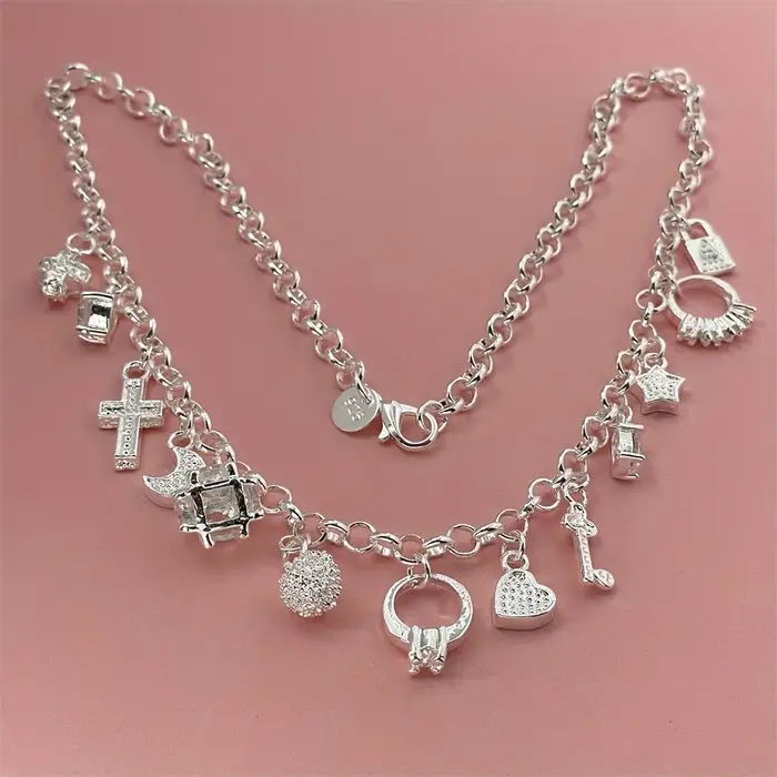 Breloques 925 en argent sterling 45 cm 18 pouces chaîne collier pendentif multi-éléments pour femmes hommes dame mode croix/lune/étoiles/serrure/clé