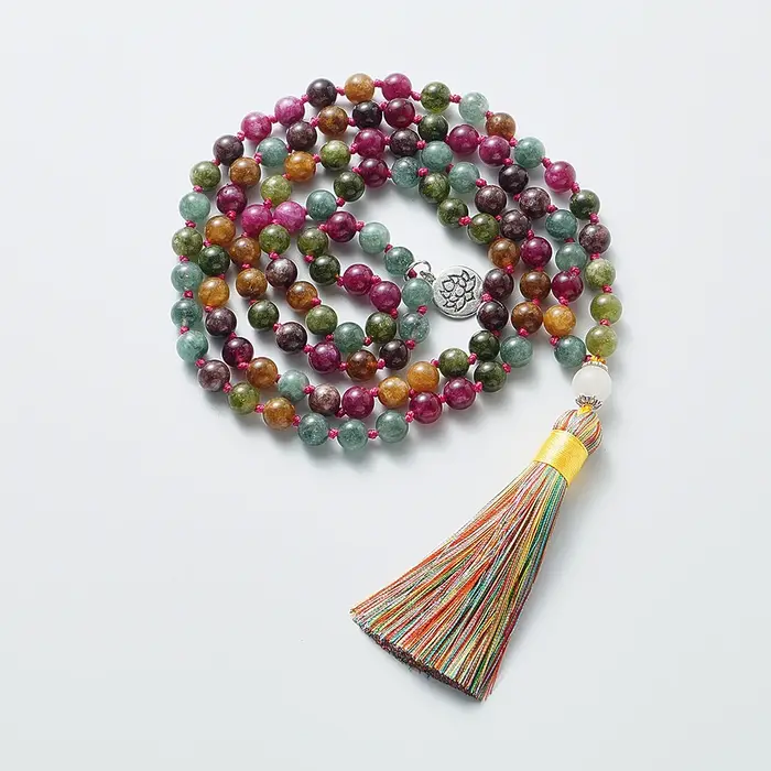 Collier de perles de tourmaline colorées pour hommes et femmes, 108 perles Mala, bijoux de méditatio